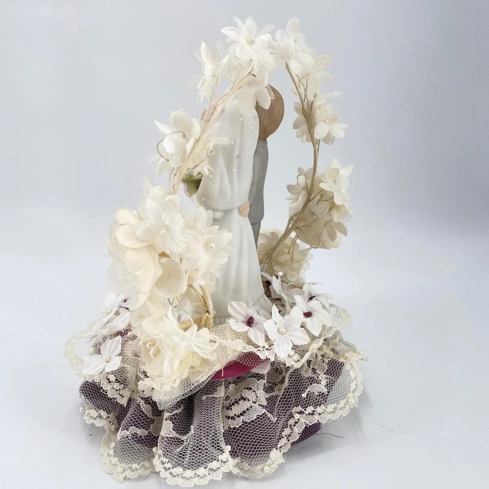 Vintage Wedding Cake Topper Porcelain Bride Groom Floral Arch Lace